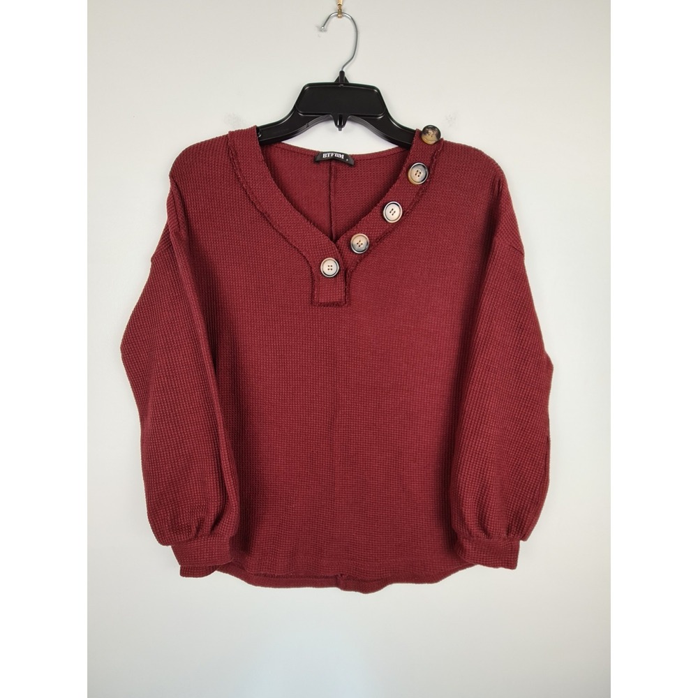 BTFBM Top Women's Small Burgundy Red Waffle Knit Long Sleeve VNeck Button Casual